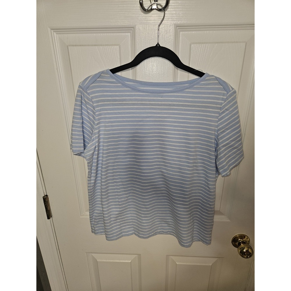 Coral Bay Light Blue/White Striped T-Shirt Large Pull On Women Short Sleeve